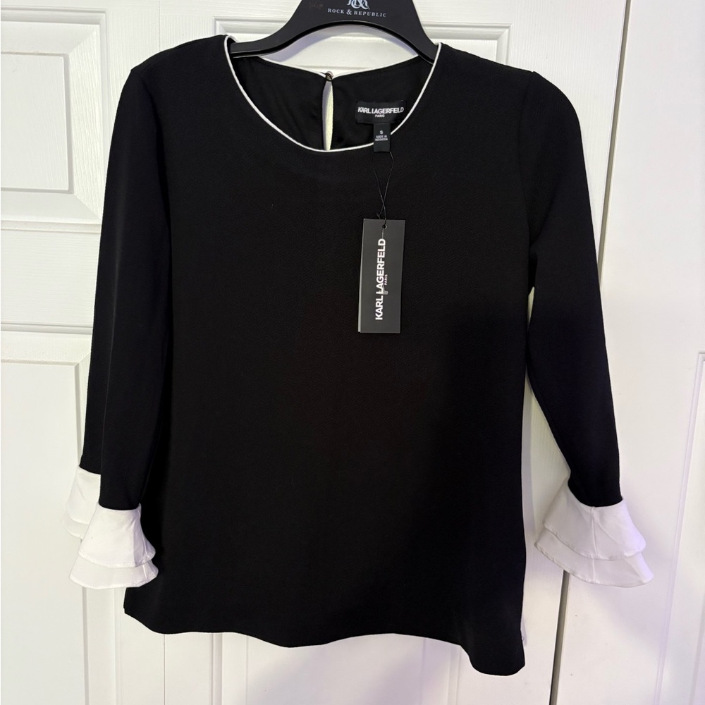 Karl Lagerfeld Black Blouse with White Trim